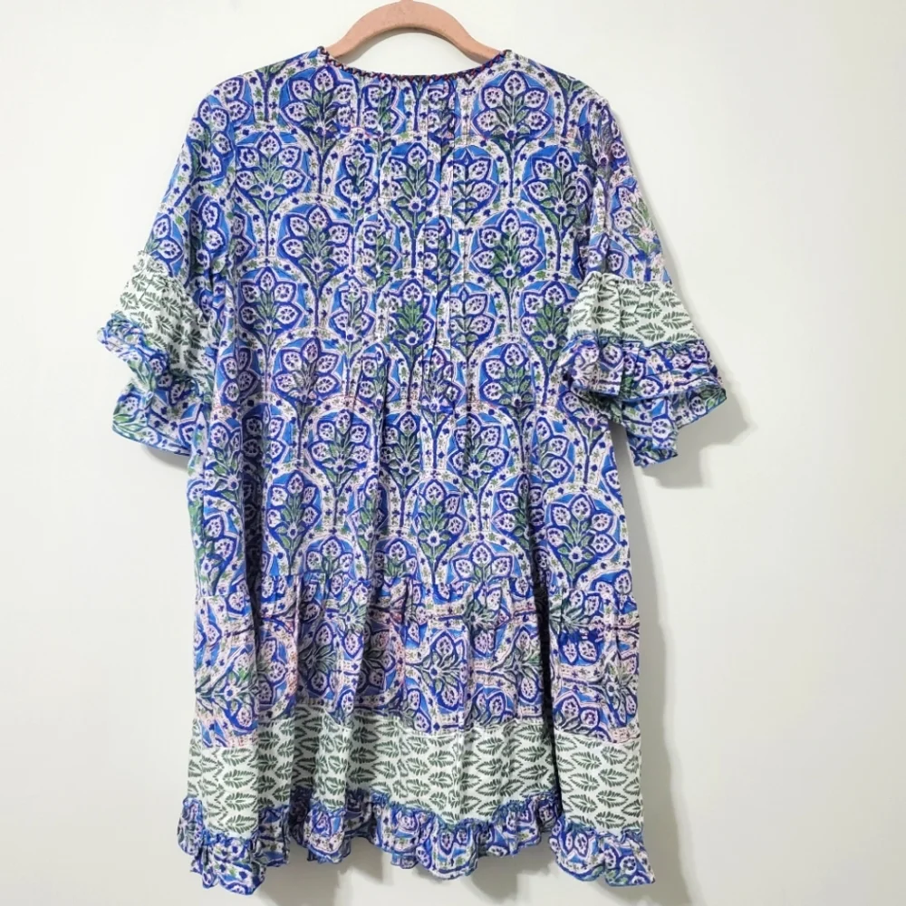 Anthropologie Duet Frill Tiered Mini Dress Cover-Up Blue Multi Small - Picture 9 of 13